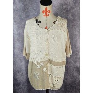 VTG 220 Hickory Womens XL Short Sleeve Button Linen Cotton Floral Embroidery Top